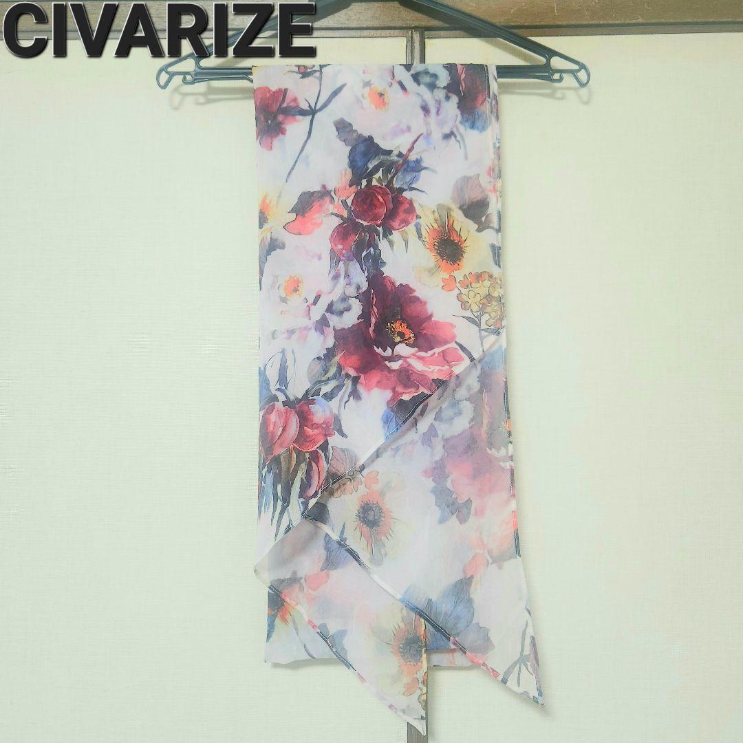 YOSHIKI CIVARIZE フラワー柄シフォンストール ホワイト×レッド