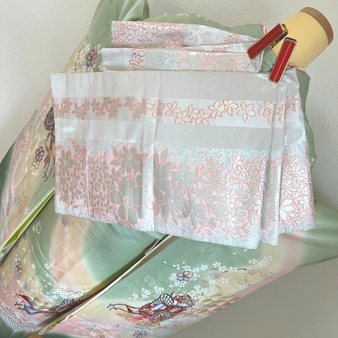 457 振袖フルセット 正絹 緑 グリーン ピンク 桃 金彩 駒刺繍 暈し染め