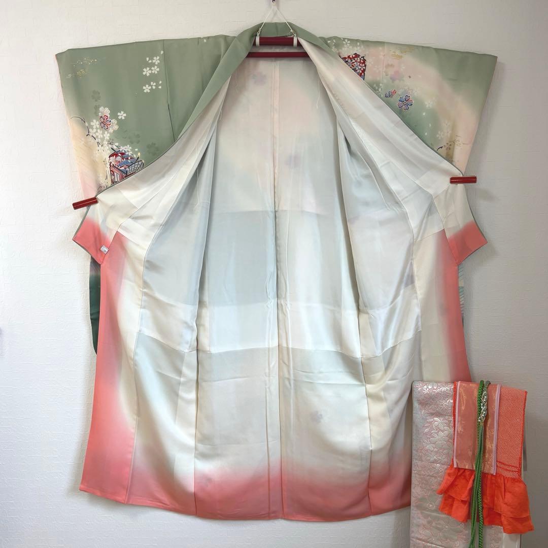 457 振袖フルセット 正絹 緑 グリーン ピンク 桃 金彩 駒刺繍 暈し染め