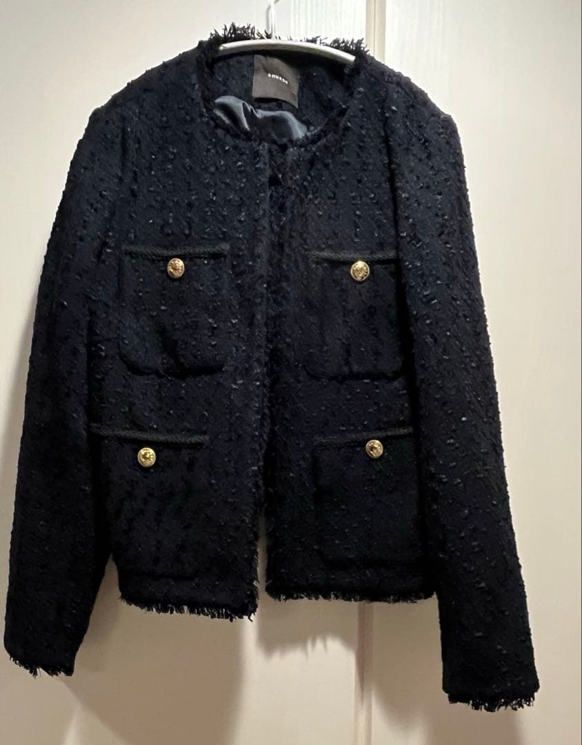 anuans パッチポケットツイードノーカラージャケット