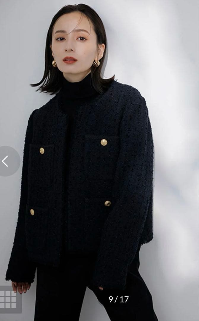 anuans パッチポケットツイードノーカラージャケット