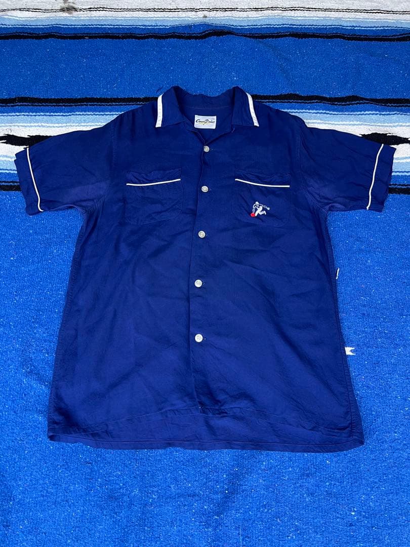 60s ボーリングシャツ　フロッキープリント　チェーンステッチ