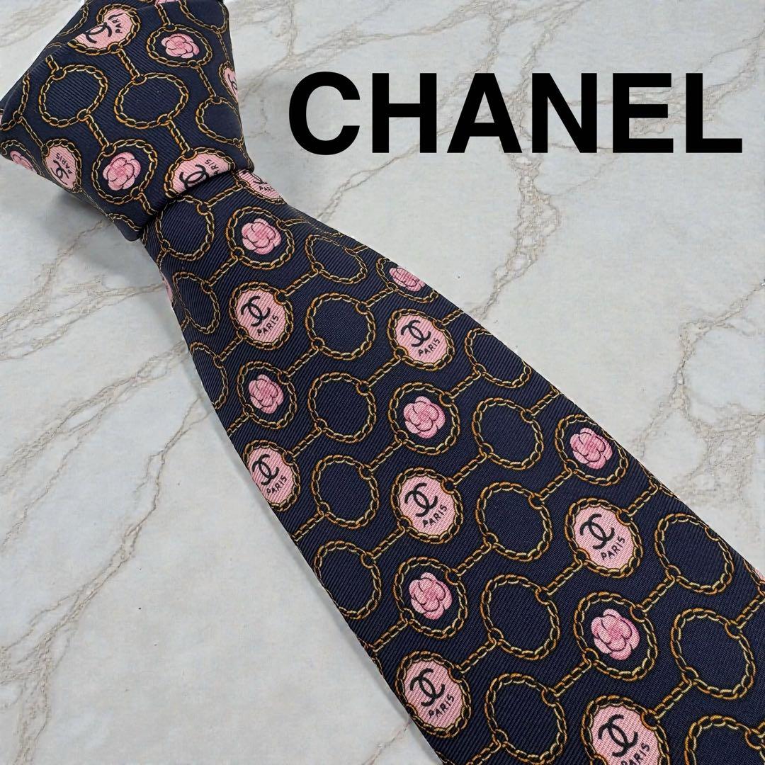 CHANEL シャネル ネクタイ 小紋 総柄 カメリア チェーン付 プリント