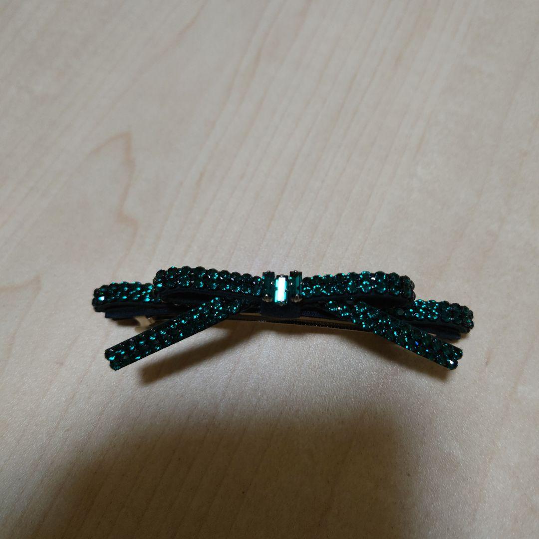 コンプレックスビズ　リボン　バレッタ　スワロフスキー　グリーン