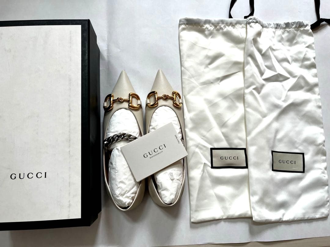 GUCCI ホワイトレザーホースビットフラットシューズ　2WAY 新品