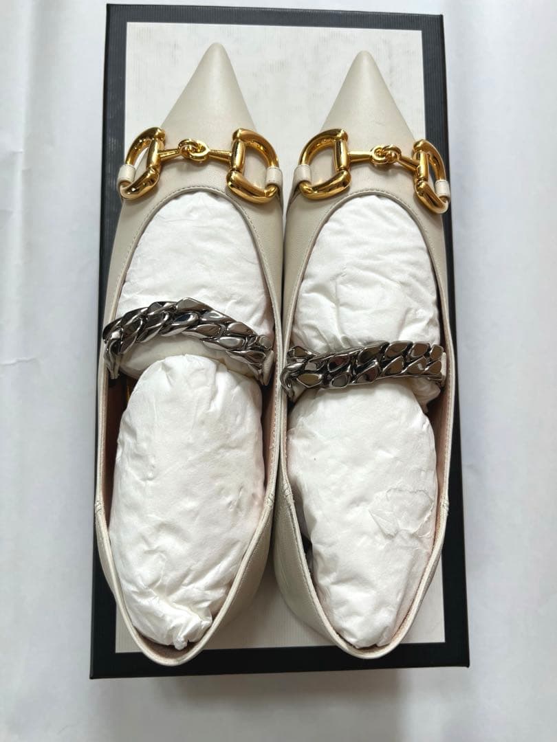 GUCCI ホワイトレザーホースビットフラットシューズ　2WAY 新品