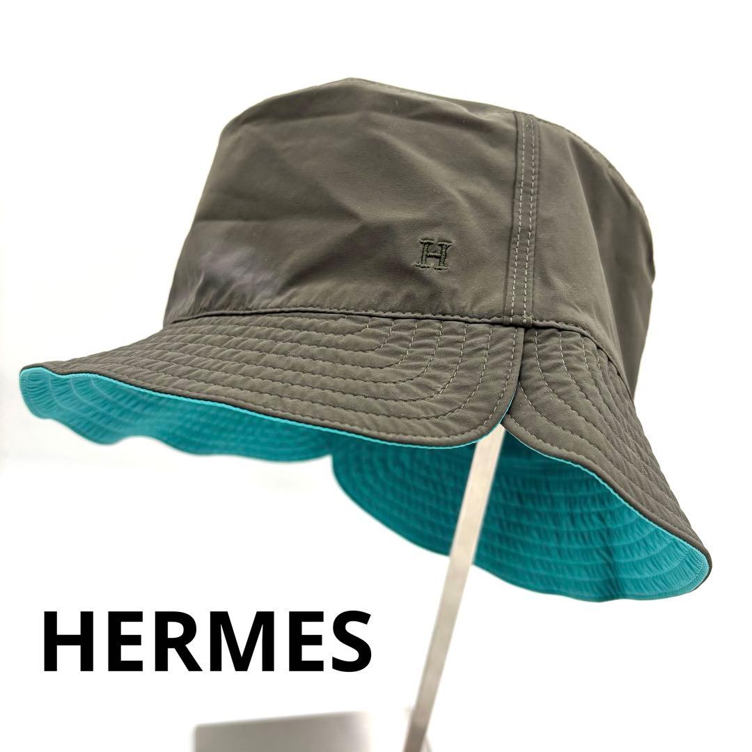 美品 HERMES エルメス 帽子 バケットハット Hロゴ カーキ ナイロン