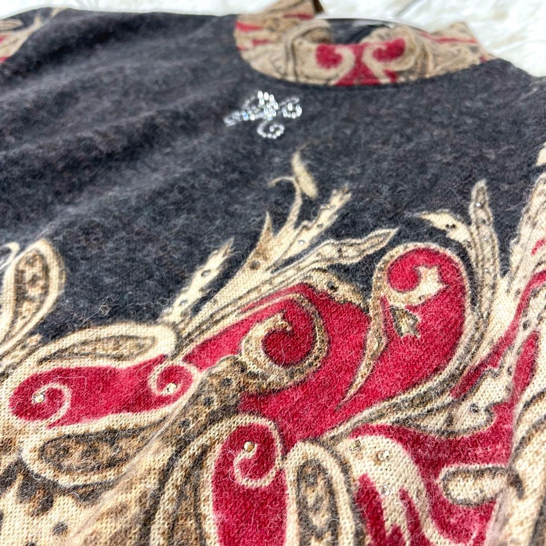 伊太利屋 ヒョウ柄 ペイズリー ニットロングチュニック ハイネック 大きいサイズ