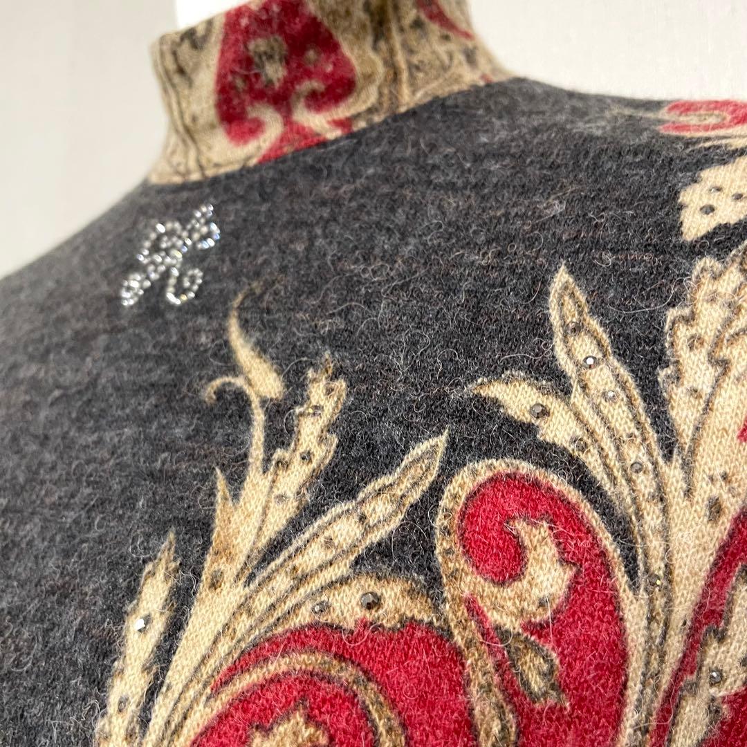 伊太利屋 ヒョウ柄 ペイズリー ニットロングチュニック ハイネック 大きいサイズ