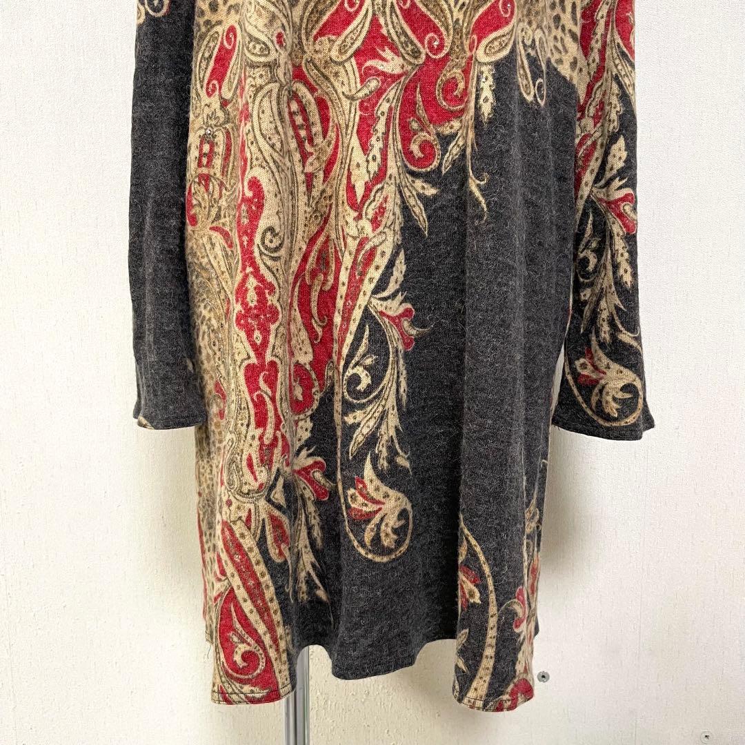 伊太利屋 ヒョウ柄 ペイズリー ニットロングチュニック ハイネック 大きいサイズ