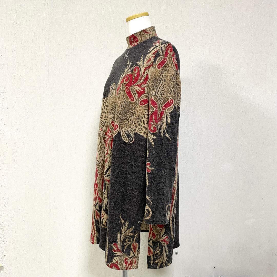 伊太利屋 ヒョウ柄 ペイズリー ニットロングチュニック ハイネック 大きいサイズ