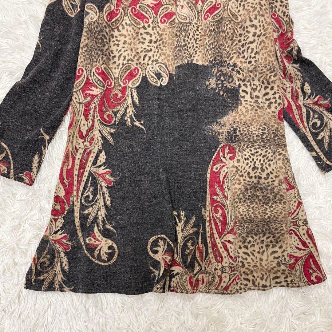 伊太利屋 ヒョウ柄 ペイズリー ニットロングチュニック ハイネック 大きいサイズ