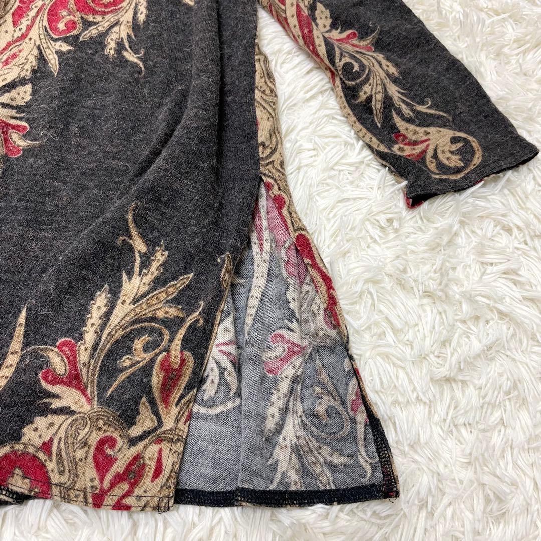 伊太利屋 ヒョウ柄 ペイズリー ニットロングチュニック ハイネック 大きいサイズ