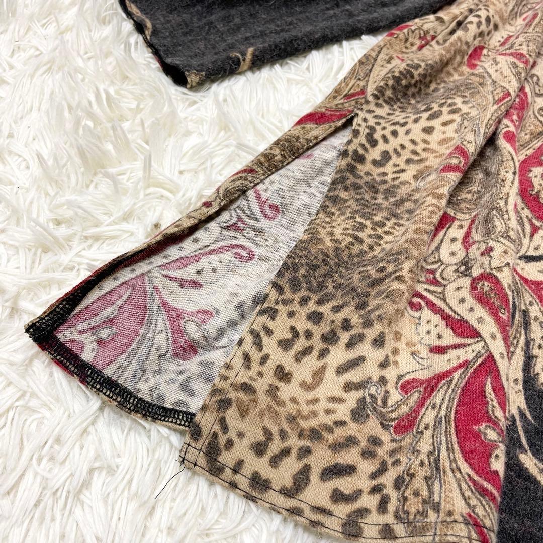 伊太利屋 ヒョウ柄 ペイズリー ニットロングチュニック ハイネック 大きいサイズ