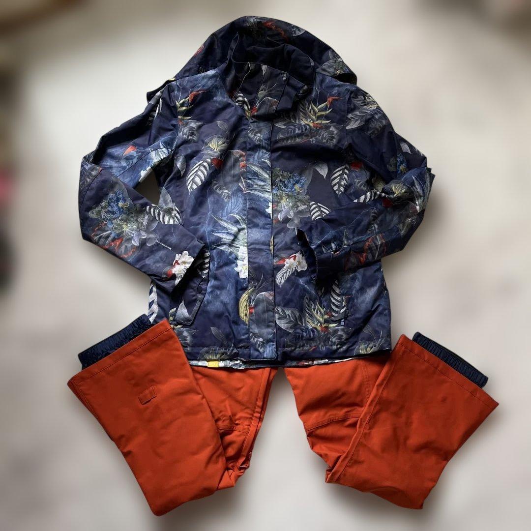 ROXY ネイビー 花柄 スノーボードジャケット　オレンジパンツ　2点セット
