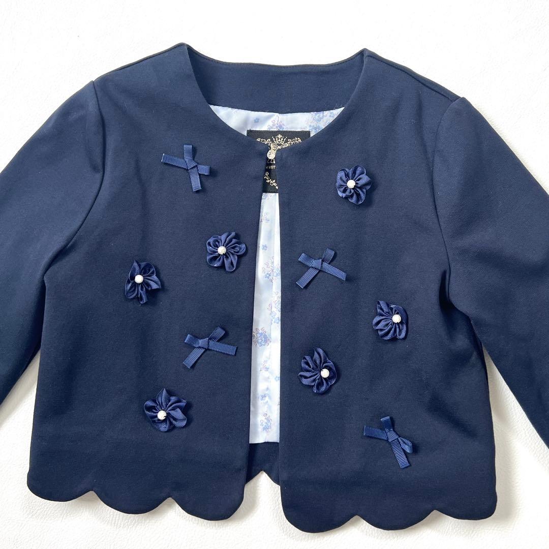 メゾピアノ　セレモニージャケット　ノーカラー　紺　リボンお花モチーフ　120