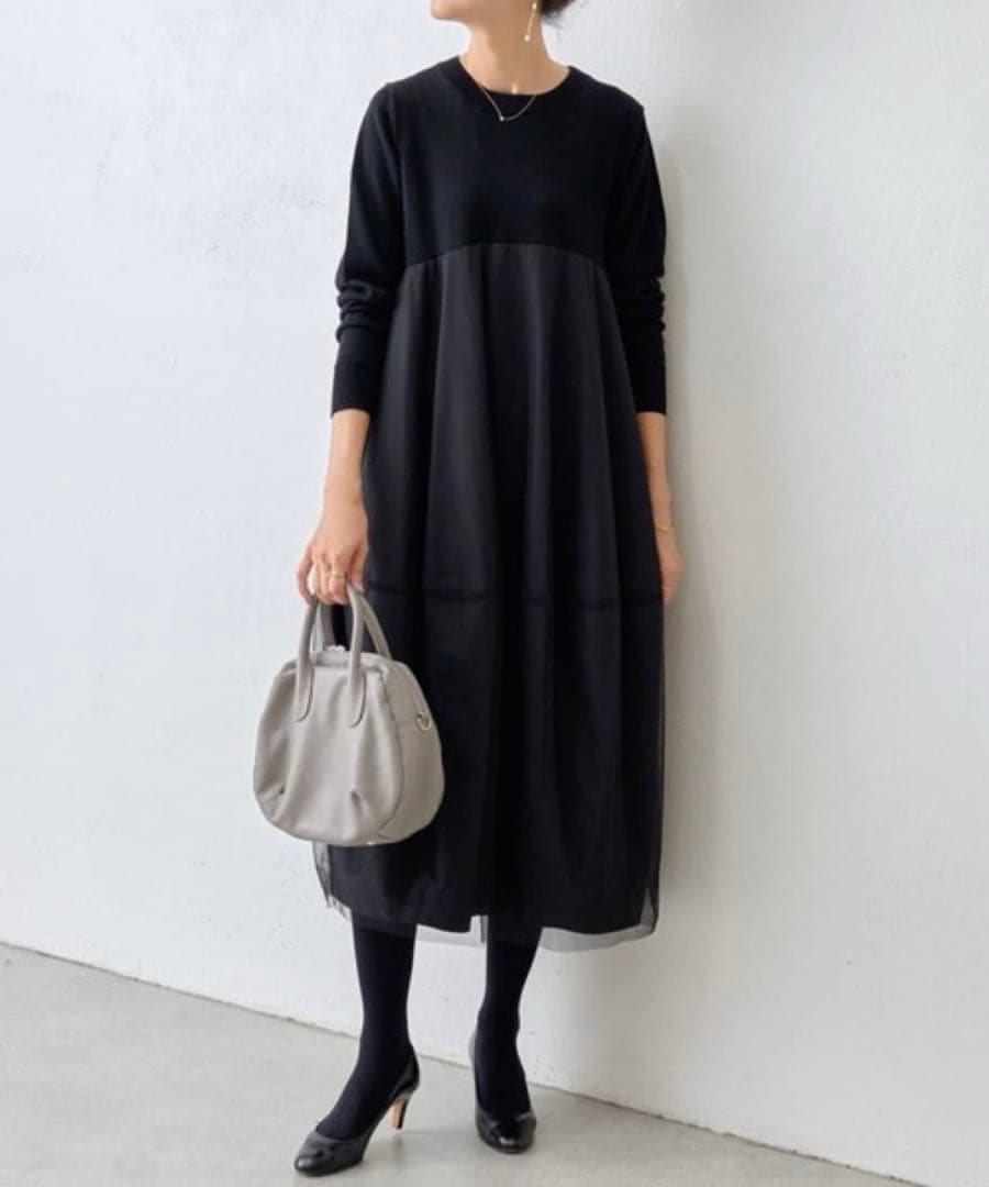 美品 ビアズリー 23AW ニットチュールマルワンピース ドッキング ふわり