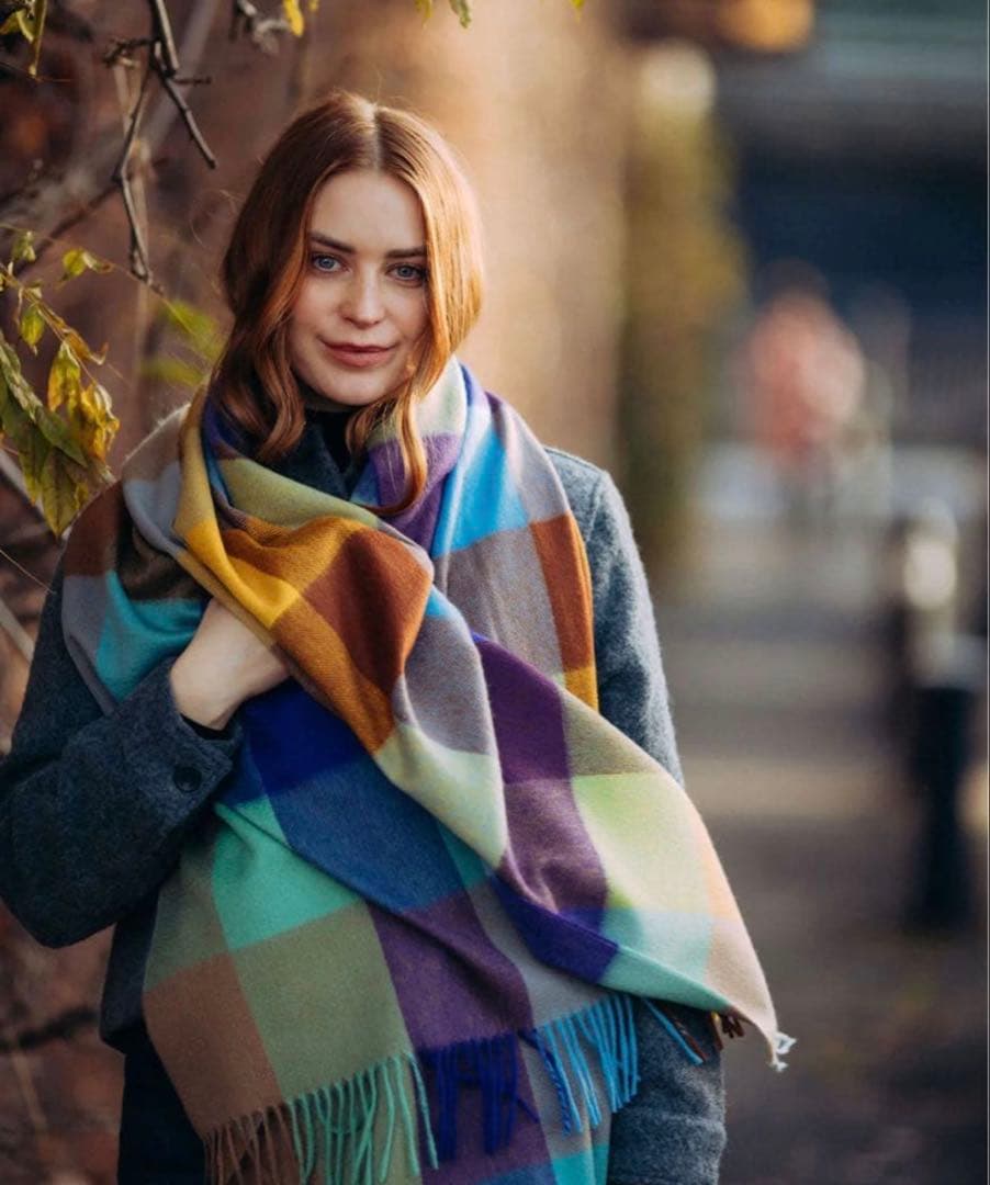 新品タグ付　国内タグ　ジョシュアエリス　チェック　大判ストール　カシミヤ100%