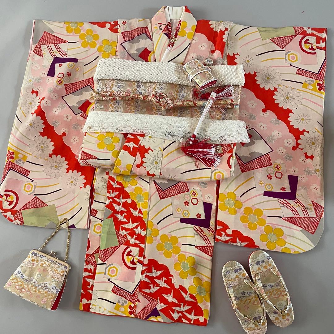 七五三　7歳　8歳　アンティークお着物セット　大寸作り帯コーデ