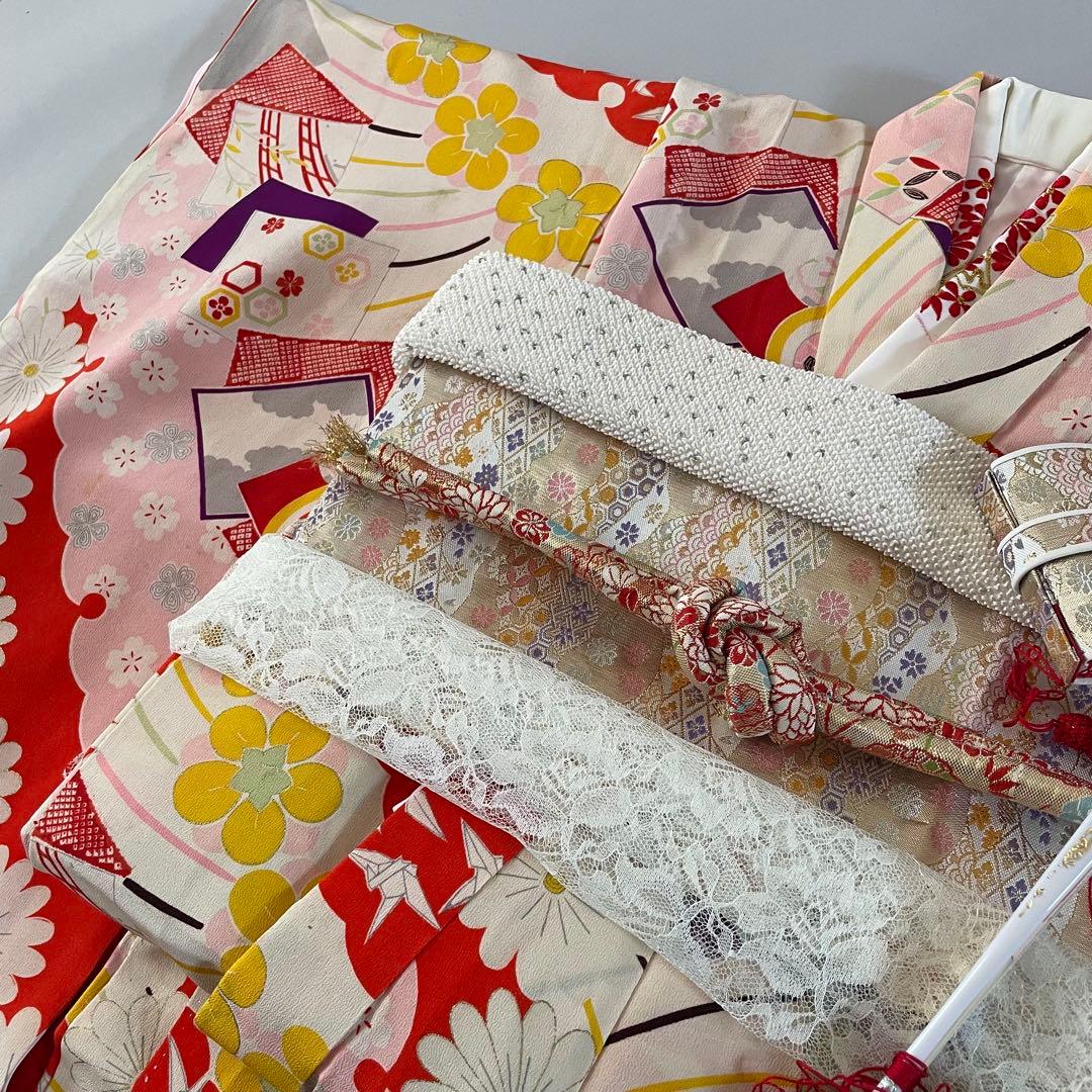 七五三　7歳　8歳　アンティークお着物セット　大寸作り帯コーデ