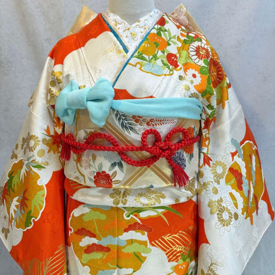 振袖フルセット　古典柄　トールサイズ　161〜171　白地オレンジ　正絹　成人式