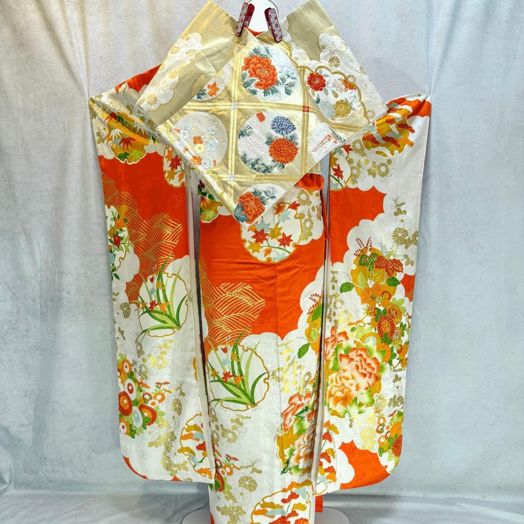 振袖フルセット　古典柄　トールサイズ　161〜171　白地オレンジ　正絹　成人式