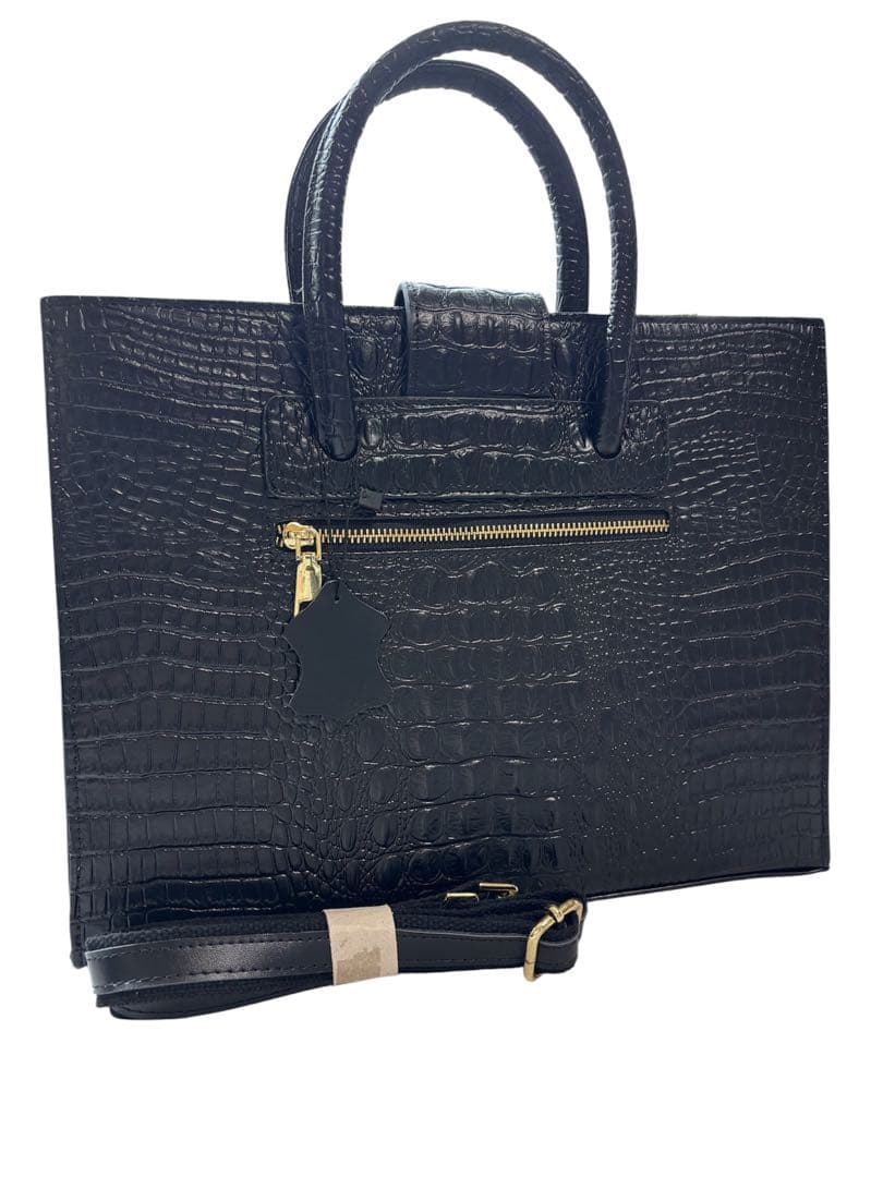 新品未使用 レディースビジネスバッグ 本革 ブラック 黒 クロコ型押 ショルダー