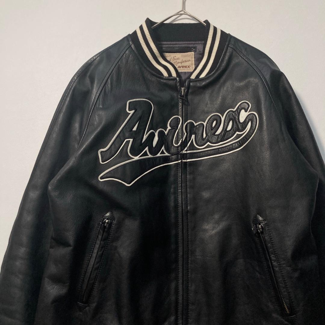 【ま】AVIREX スタジャン 中綿キルティング 刺繍ロゴ 牛革 黒