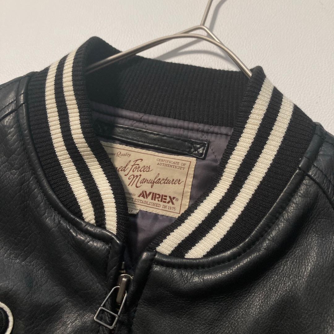 【ま】AVIREX スタジャン 中綿キルティング 刺繍ロゴ 牛革 黒
