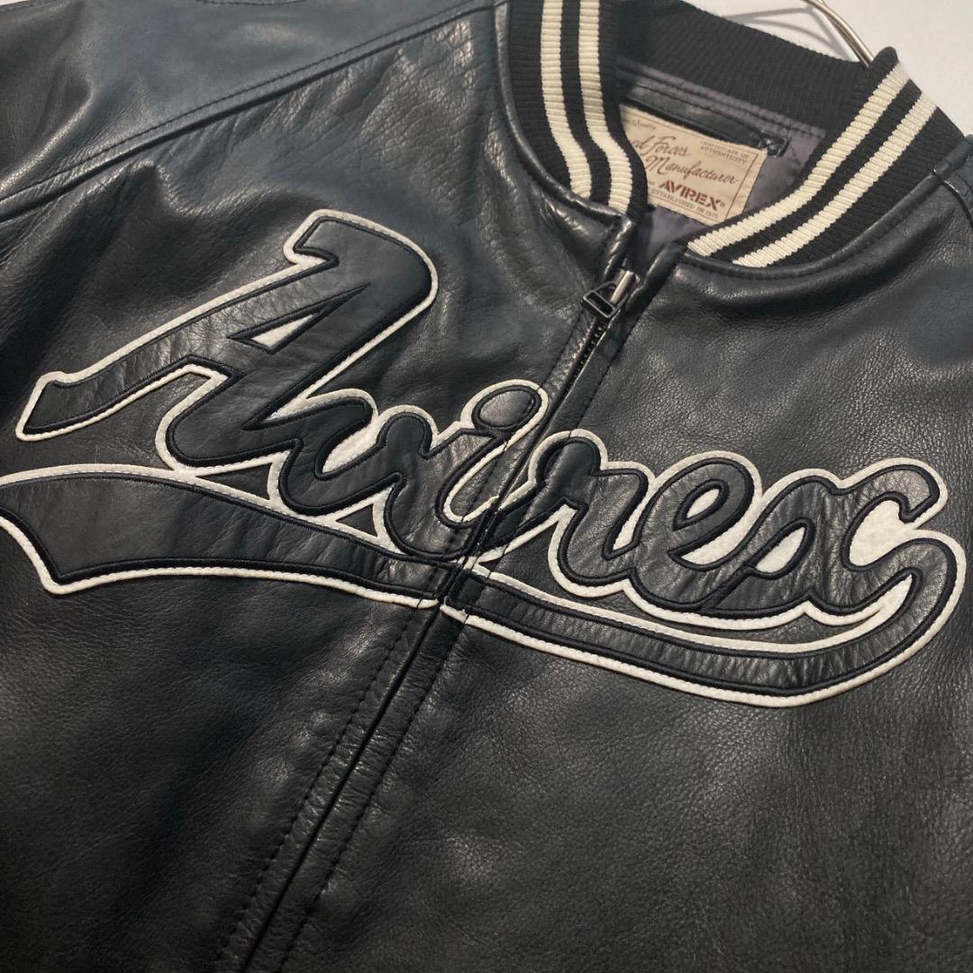 【ま】AVIREX スタジャン 中綿キルティング 刺繍ロゴ 牛革 黒
