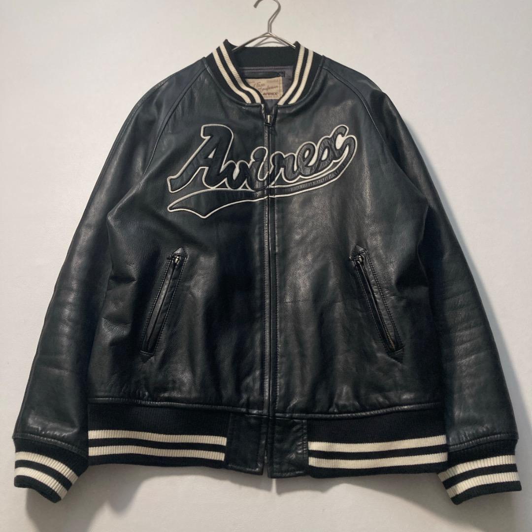 【ま】AVIREX スタジャン 中綿キルティング 刺繍ロゴ 牛革 黒