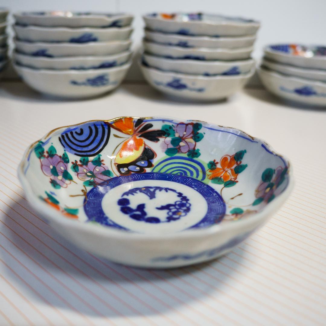 古伊万里　江戸末期～明治 錦手　金彩色絵　膾皿　なます皿　19客　木箱付