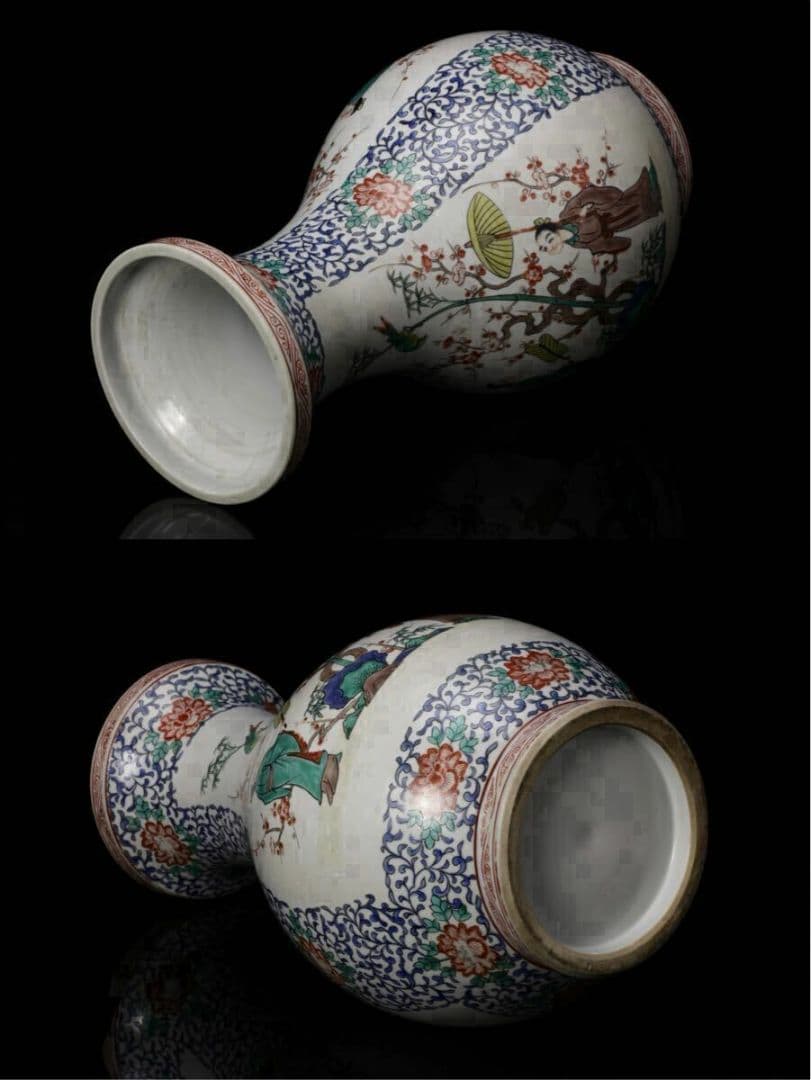 色絵傘人物文花瓶 高さ37cm 花鳥図 花瓶 花入 花器 壺 置物 粉彩人物紋