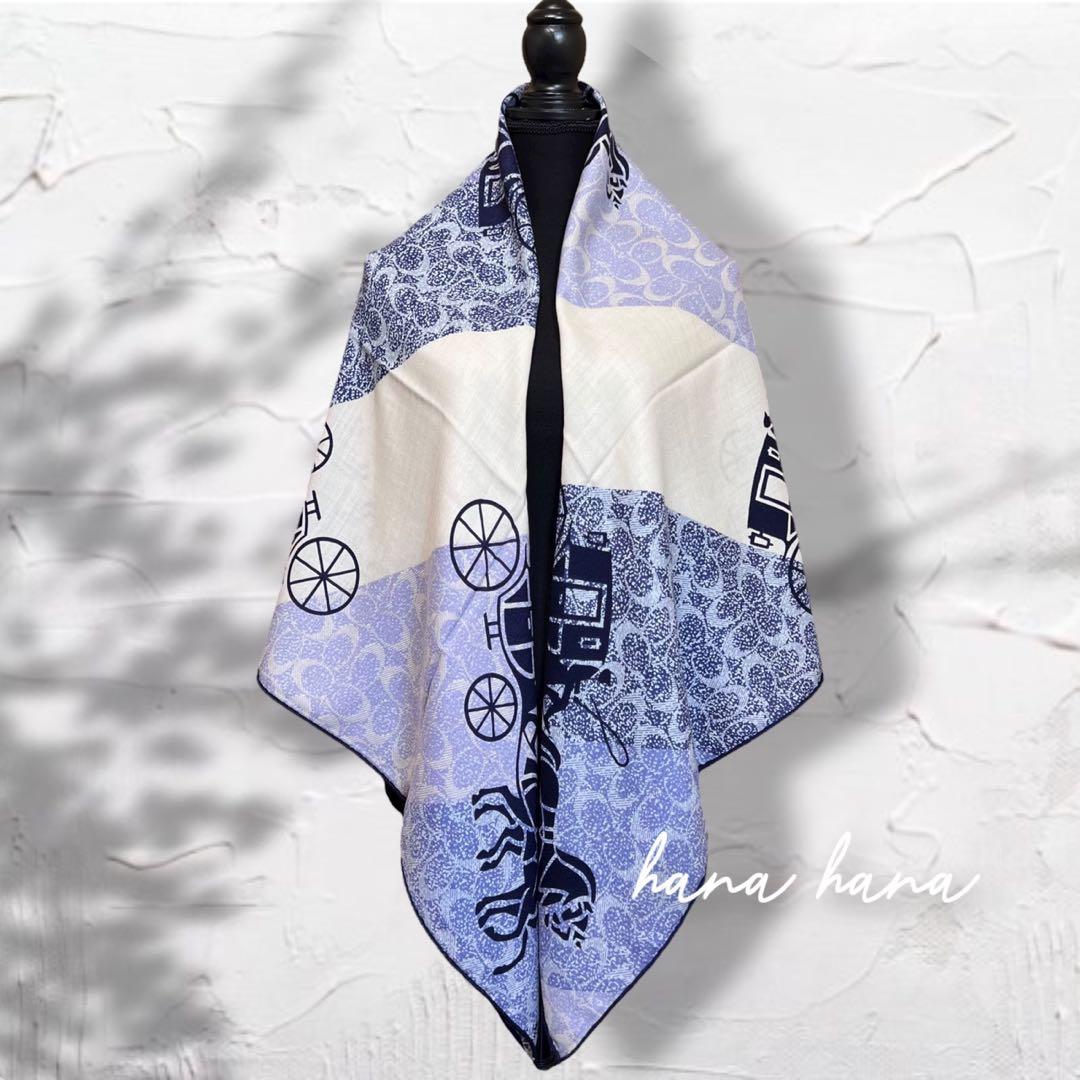 大判 ウール シルク ストール ショール 馬車 ブルー 青 スカーフ 薄手