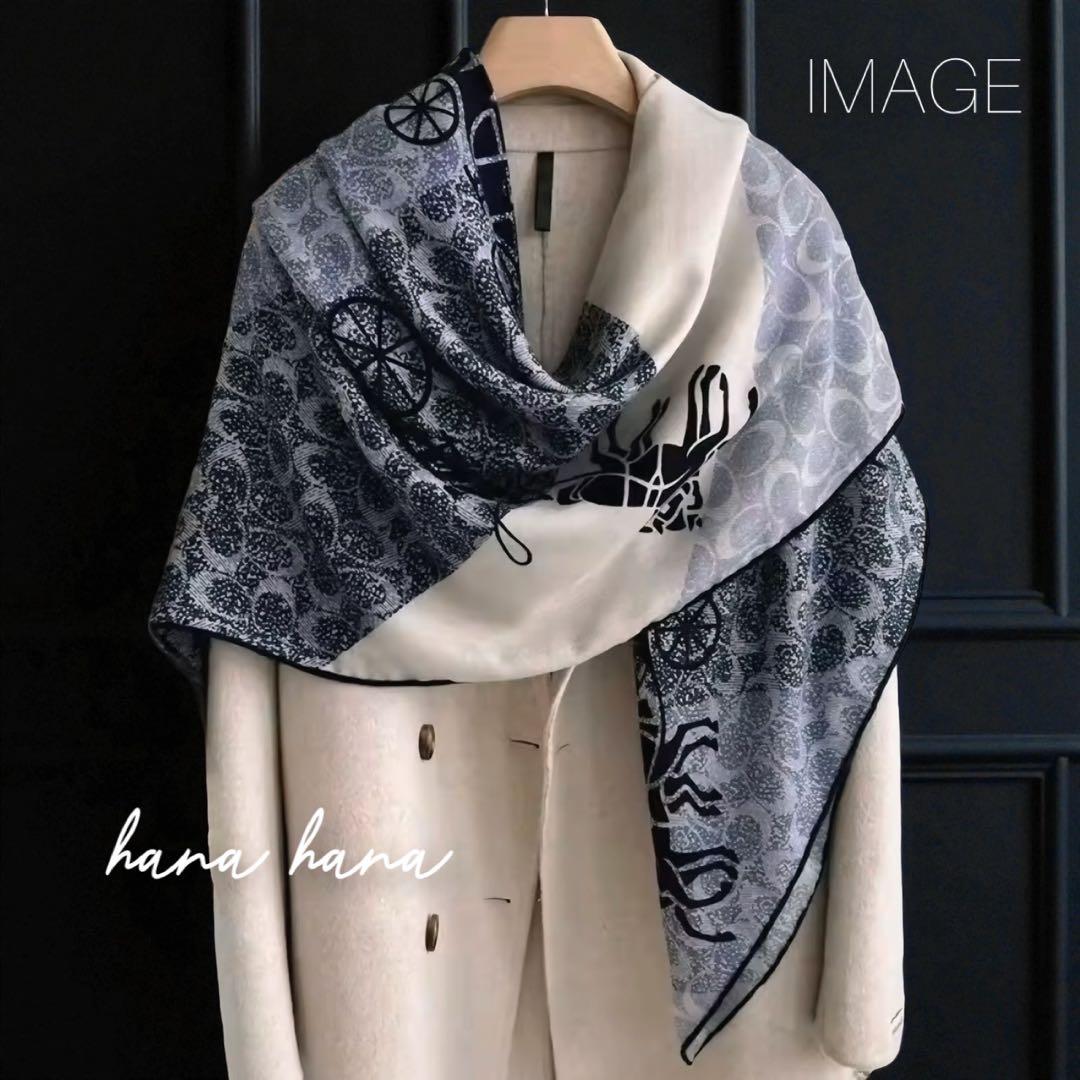 大判 ウール シルク ストール ショール 馬車 ブルー 青 スカーフ 薄手