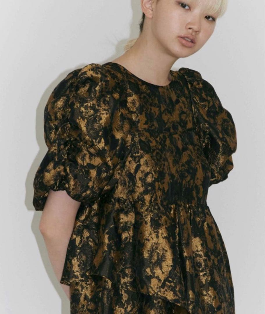 ANDRESD バブルスリーブジャガードドレス　ブロンズ