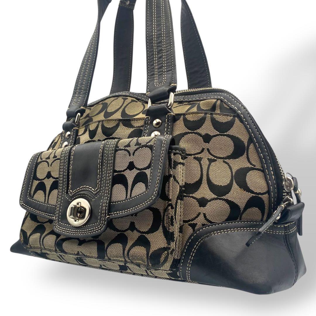 美品 COACH ショルダーバッグ シグネチャー ターンロック レザー ブラック