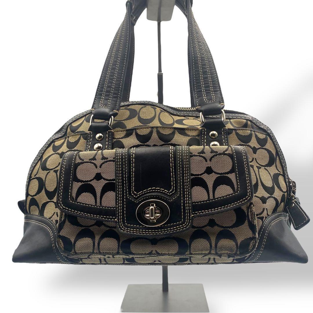 美品 COACH ショルダーバッグ シグネチャー ターンロック レザー ブラック