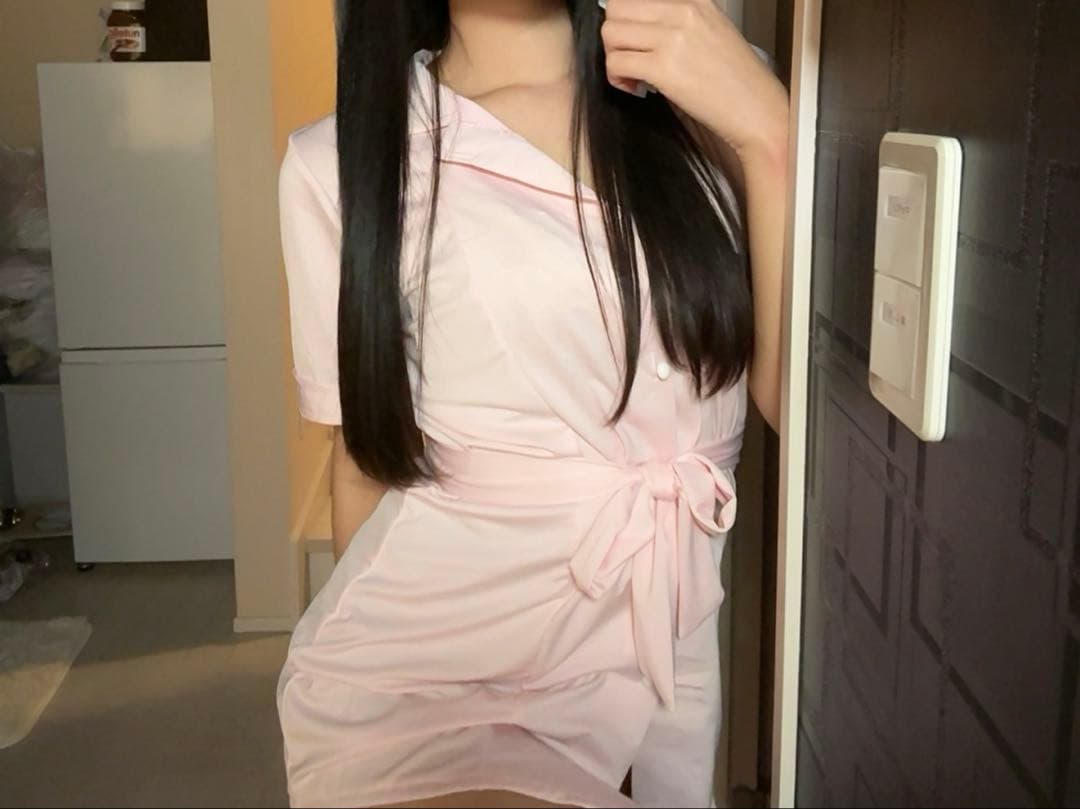 ナースピンク リボン付き シャツワンピース