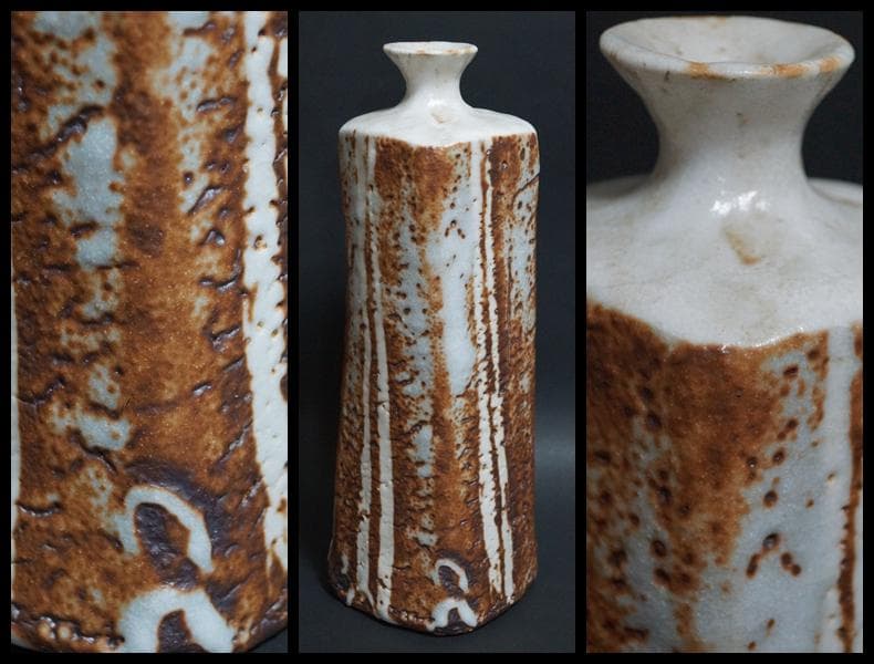 茶道具 二代 加藤春鼎 (造) 鼠志野 大型造形面取花入 花瓶 花器高32㎝共箱