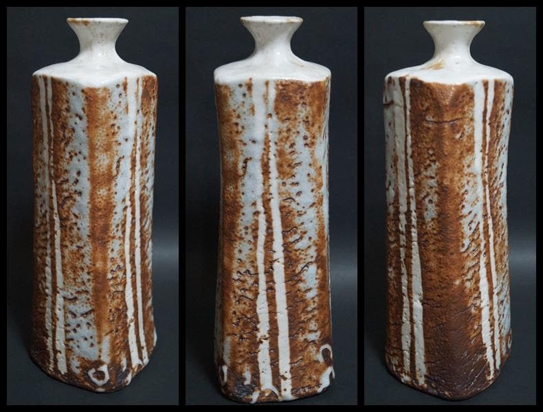 茶道具 二代 加藤春鼎 (造) 鼠志野 大型造形面取花入 花瓶 花器高32㎝共箱