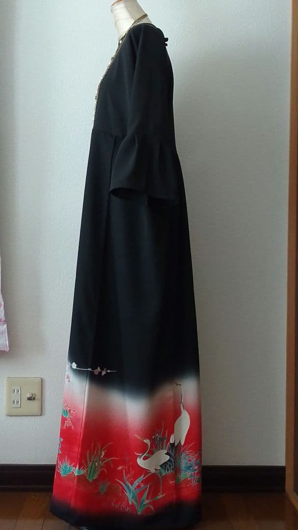 のん 着物リメイクワンピース 留袖ドレス鶴 落款あり作家物