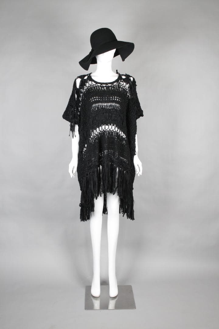 Junya Watanabe 編みデザインフリンジ半袖ワンピース 黒 CAPE