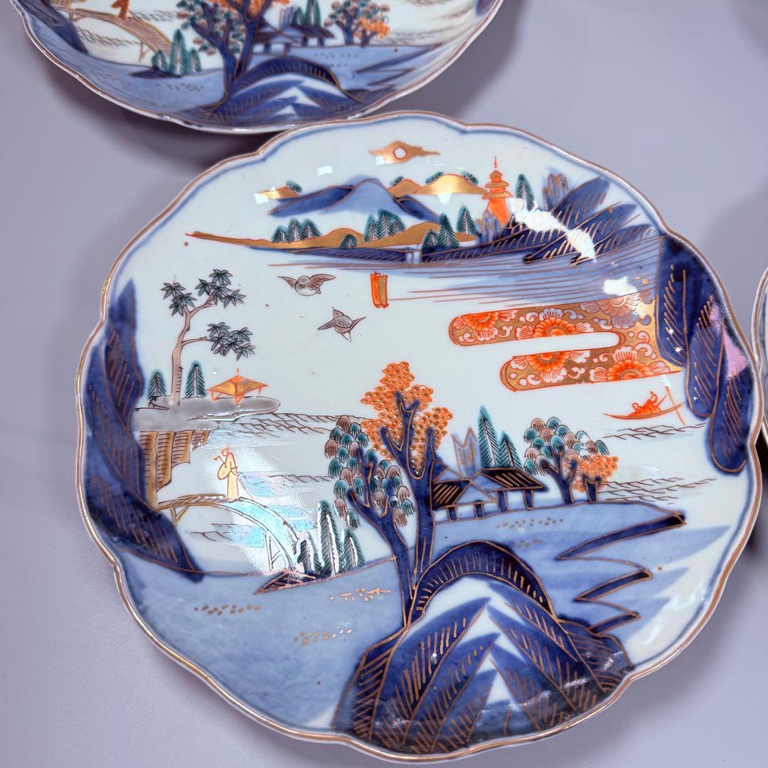 豪商家特注品　古伊万里　染錦風景画輪花型七寸皿　五客　直径21.5㎝