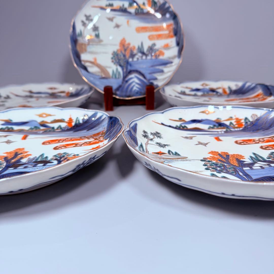 豪商家特注品　古伊万里　染錦風景画輪花型七寸皿　五客　直径21.5㎝