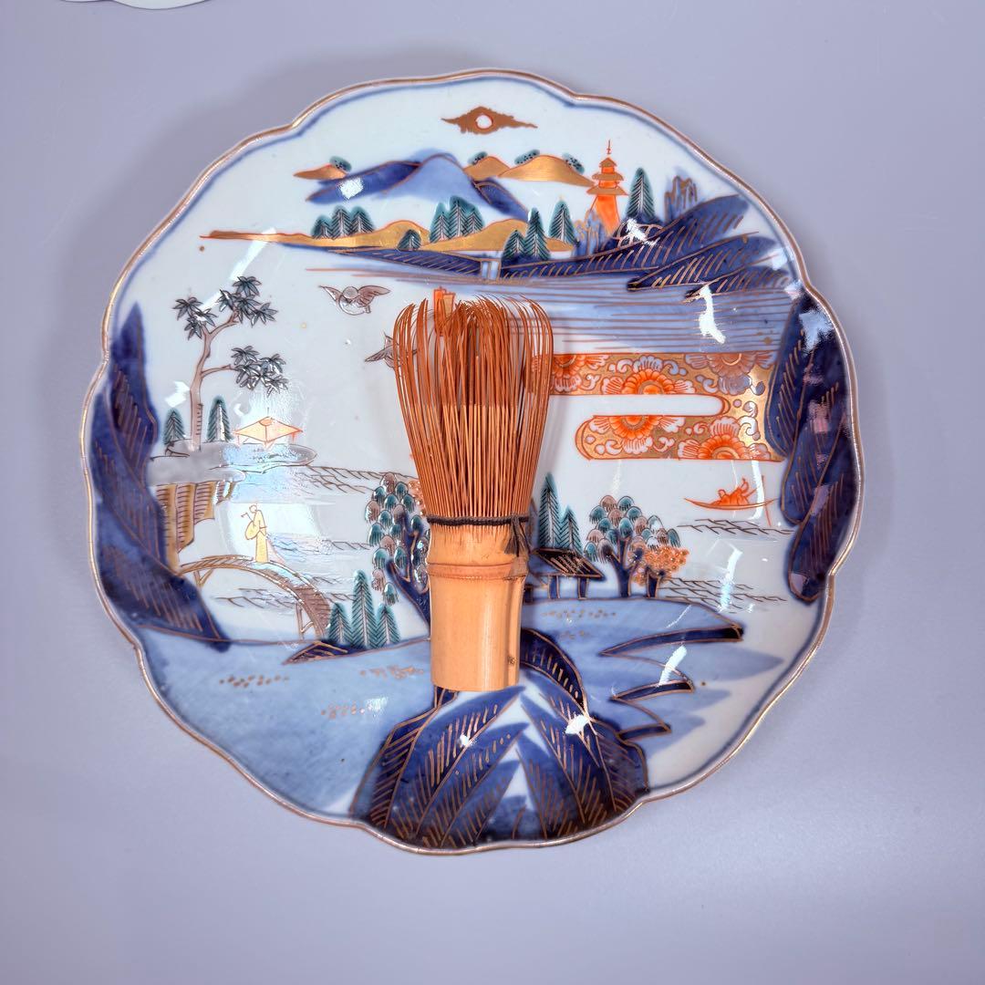 豪商家特注品　古伊万里　染錦風景画輪花型七寸皿　五客　直径21.5㎝