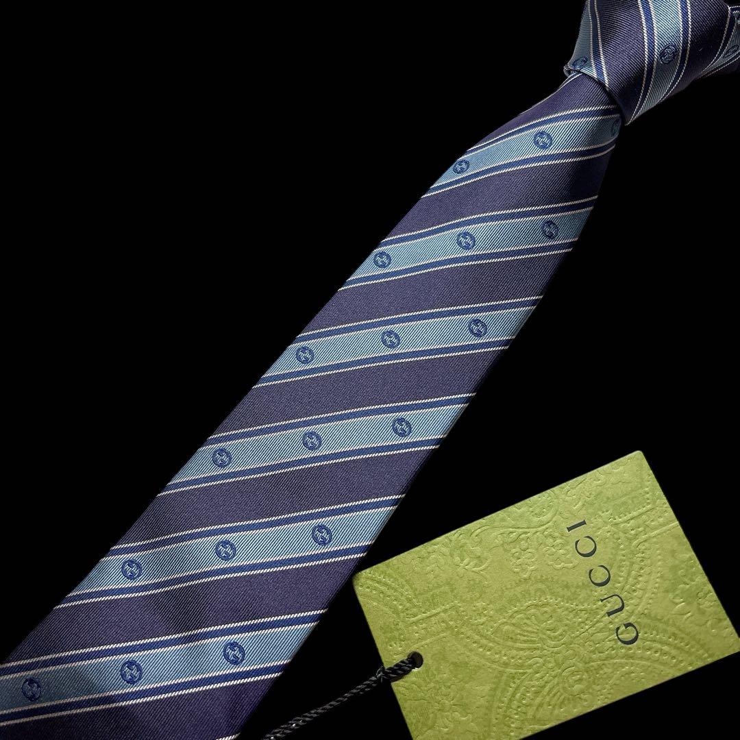 未使用 GUCCI 上品配色 GG柄 ネクタイ レジメンタル 細身