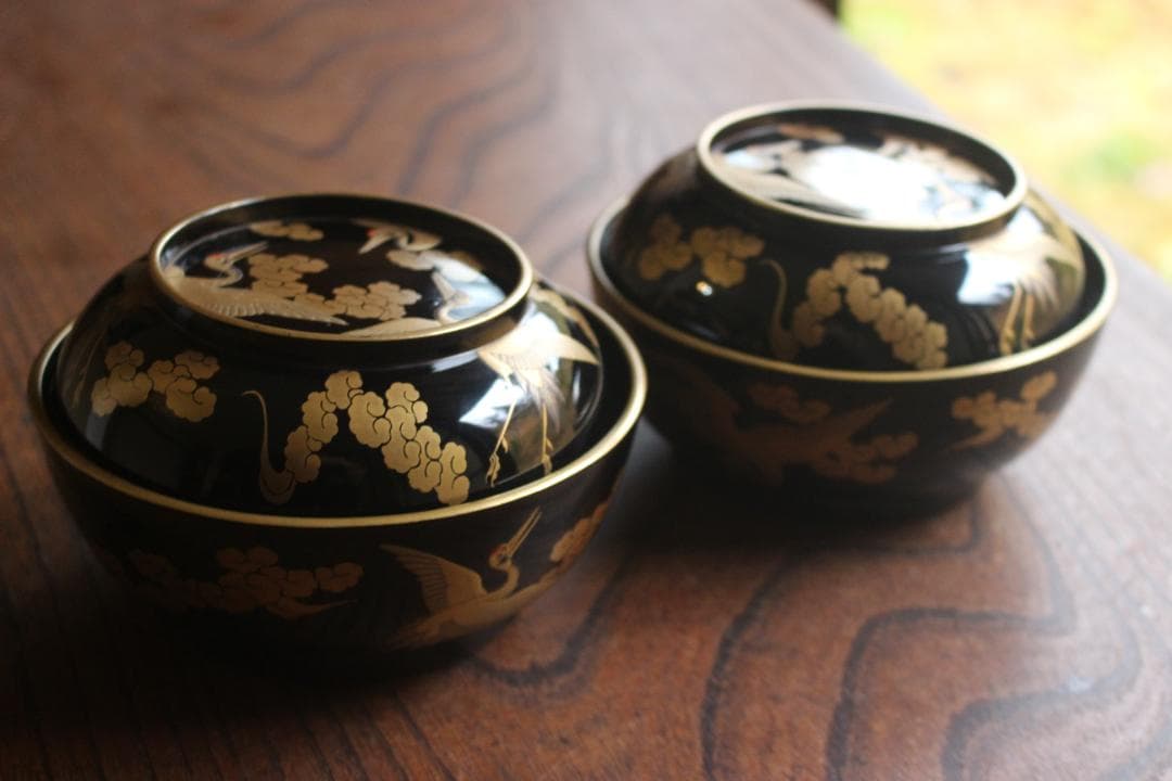 高台縁傷のみ！時代金縁黒漆に極上雲鶴蒔絵の映える煮物椀2点（検京塗輪島塗雑煮椀