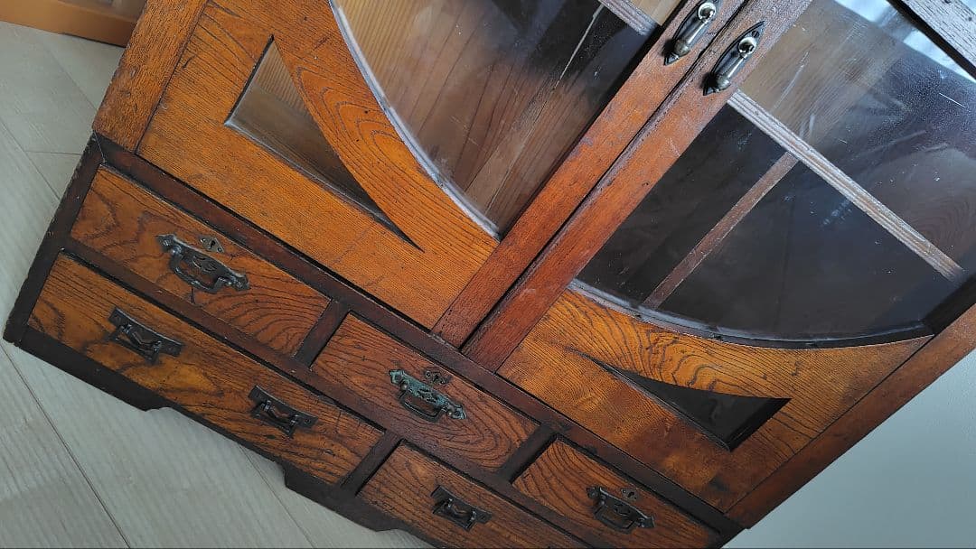 古家具　昭和レトロ　アンティーク 木製ガラス扉収納棚