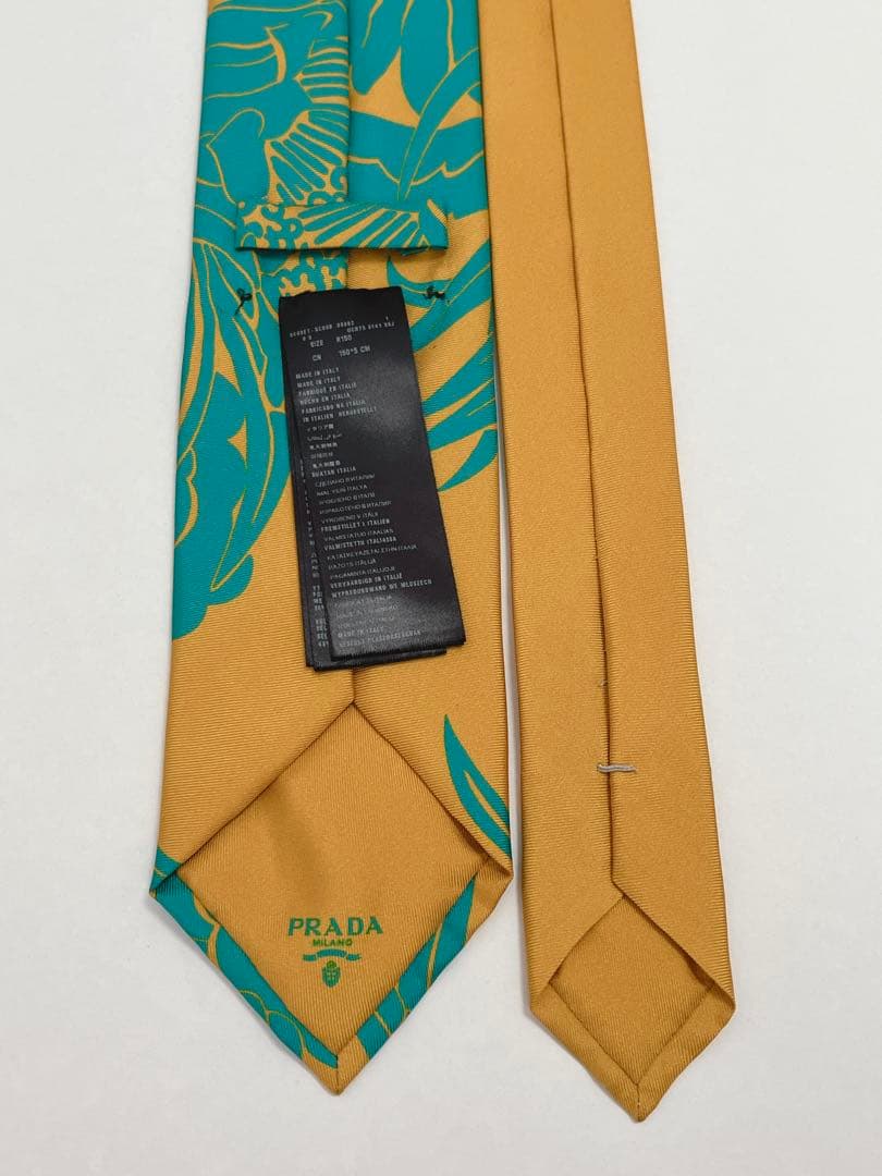 美品 プラダ ネクタイ シルク 花 フラワー アート柄 バイカラー イエロー